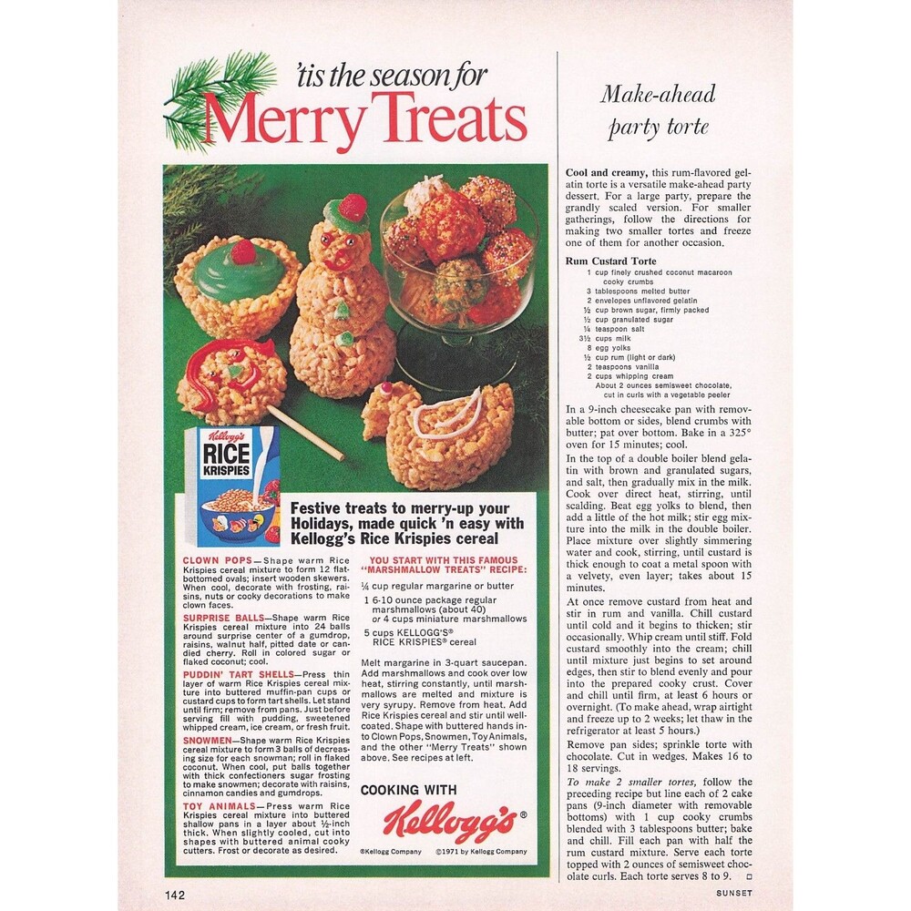 Vintage 1971 Kellogg's Rice Krispies Christmas Recipe Print Ad home decor xmas